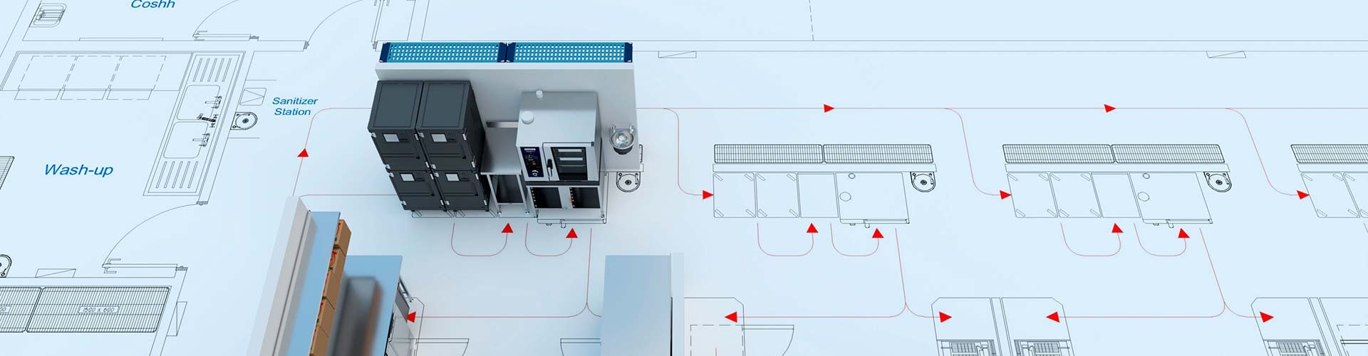 A detailed layout of a ghost kitchen, showcasing areas for pizza, pasta, and burgers, with various kitchen equipment placements and workflow indications.