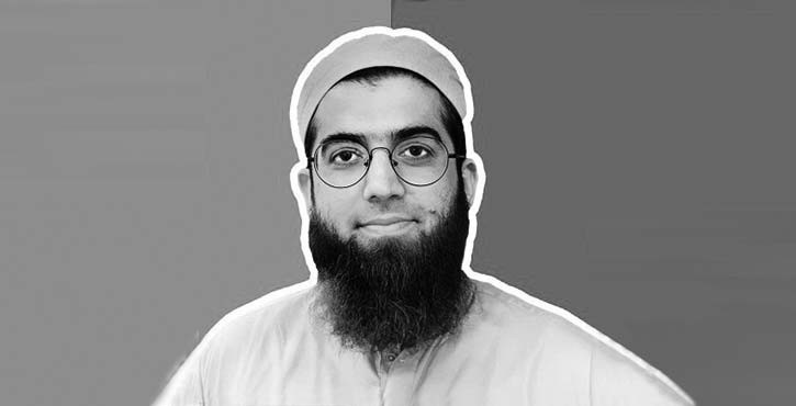 Black and white portrait of Syed Sair Ali wearing glasses and a head covering, against a split background.
