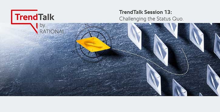 Yellow paper boat departing a group, TrendTalk Session 13 banner.