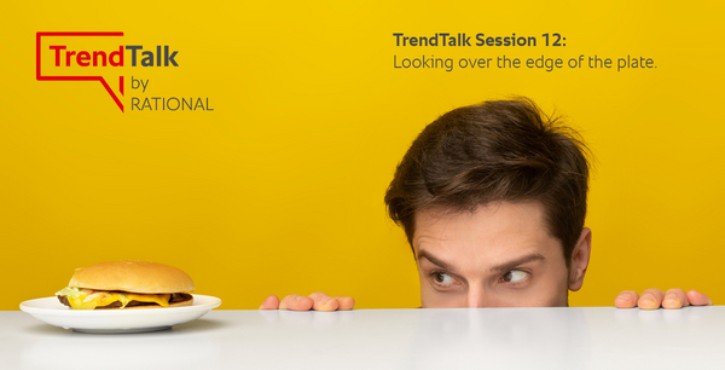 Man looking over table edge at burger, TrendTalk Session 12 banner.