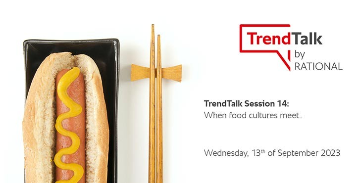Hotdog on plate next to chopsticks, TrendTalk Session 14 banner.