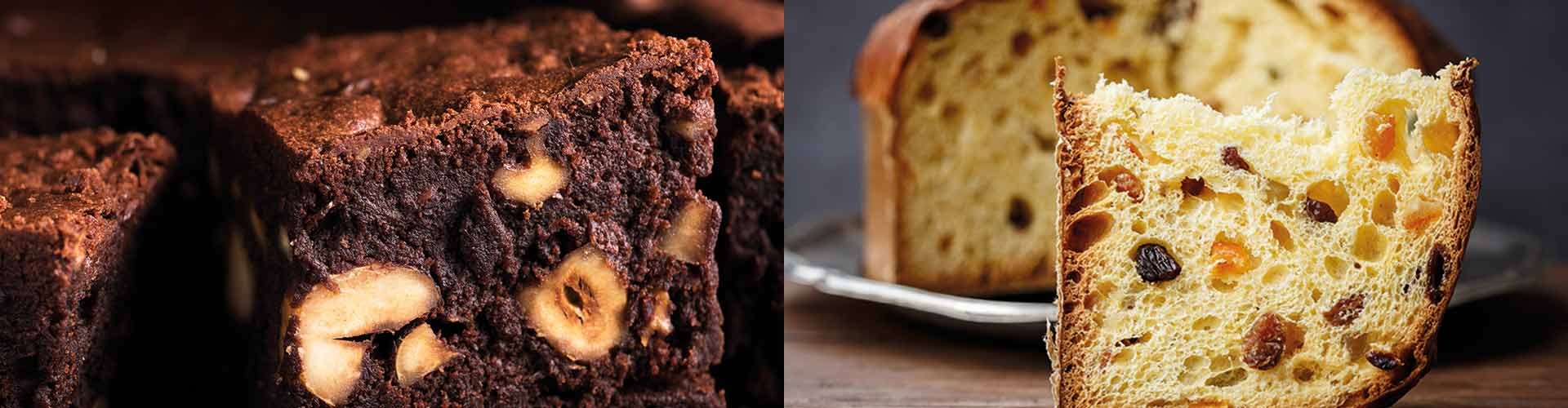 Immagine di due tipi di torta: una torta al cioccolato con noci e una fetta di una torta dorata e farcita di frutta.