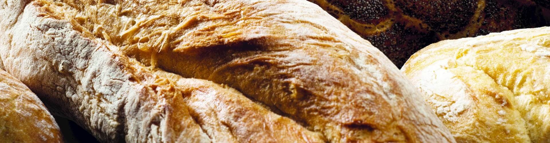 Fresh artisanal breads including crusty baguettes, poppy seed rolls and grain-topped buns in close-up view