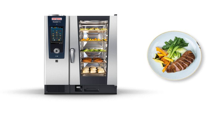 Image of a Rational iCombi Pro oven with various dishes inside and a plated dish of sliced meat and vegetables.