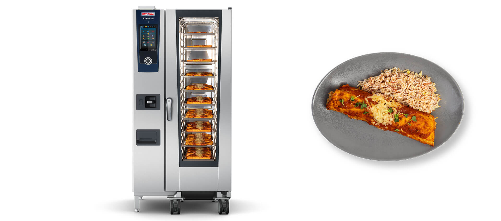 Image d'un four Rational iCombi Pro avec des enchiladas à l'intérieur et une assiette d'enchiladas servie avec du riz à côté.