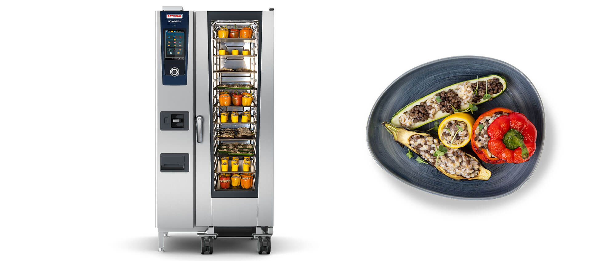 Forno iCombi Pro con verdure ripiene e un piatto di zucchine e peperoni ripieni.