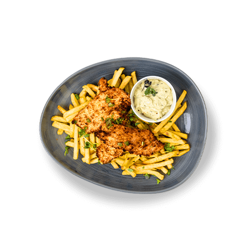 Plate of breaded fish fillets served with fries and a small bowl of sauce.