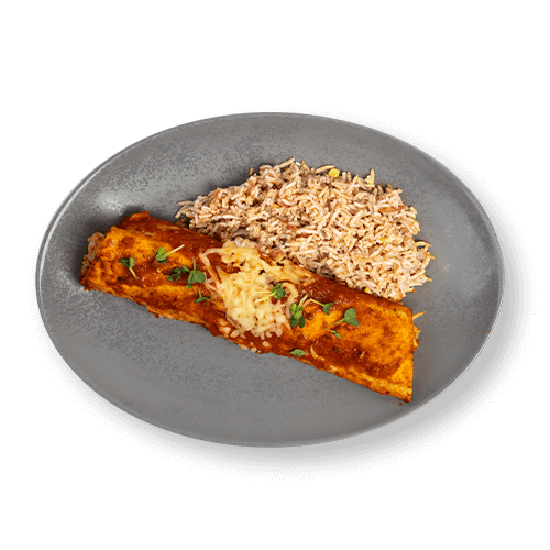 Plate of enchiladas topped with cheese served alongside rice.