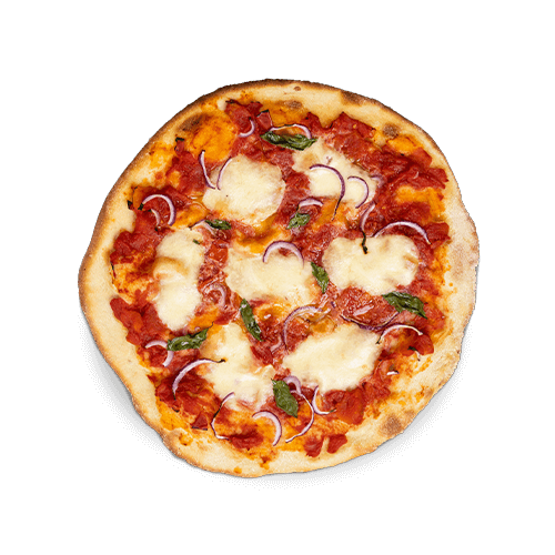 Round pizza topped with tomato sauce, mozzarella cheese, red onions, and fresh basil.