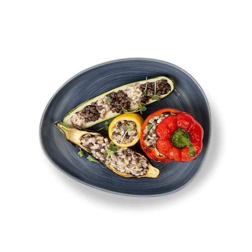 Plate of stuffed vegetables including zucchini, bell pepper, and squash filled with rice and lentils.