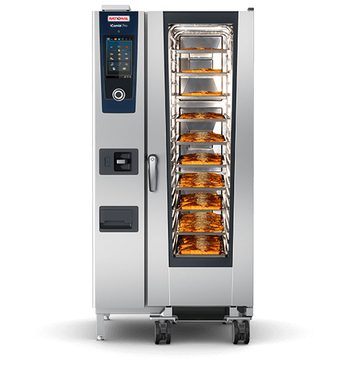  Rational iCombi Pro oven fully loaded with enchiladas displayed in the compartments.