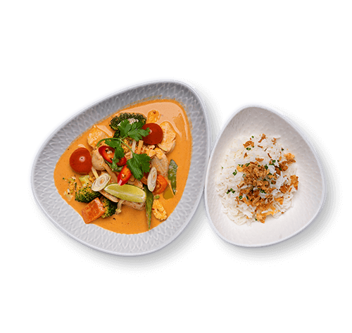 Plate of curry with vegetables served alongside a bowl of rice topped with fried onions.