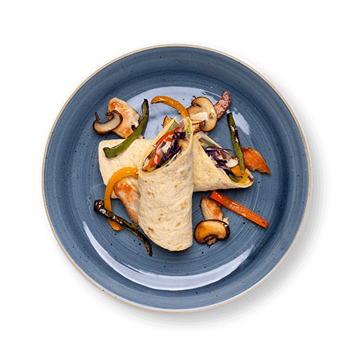 A plate with a tortilla wrap filled with colorful vegetables and grilled chicken.