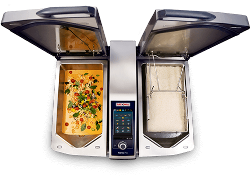 Vista superior de un iVario Pro 2-S con un compartimento que contiene verduras al curry y otro con arroz.