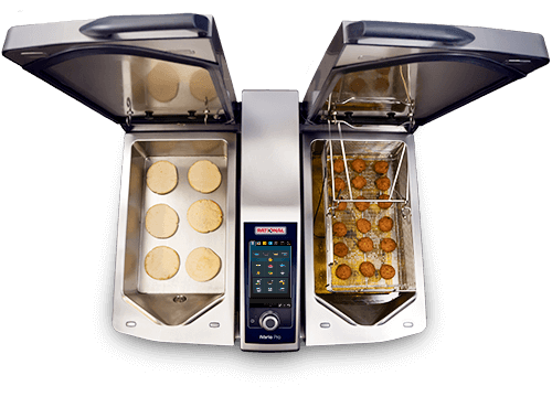 Top view of an iVario Pro 2-S with one compartment holding pita bread and another with falafel.