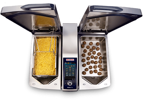 Top view of a iVario Pro 2-S with one compartment holding spaghetti and another with meatballs.