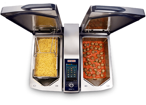Top view of an iVario Pro 2-S with one compartment holding spaghetti and another with meatballs in tomato sauce.