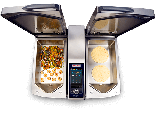 Vista superior de un iVario Pro 2-S con un compartimento que contiene camarones y verduras salteadas, y otro con tortillas.