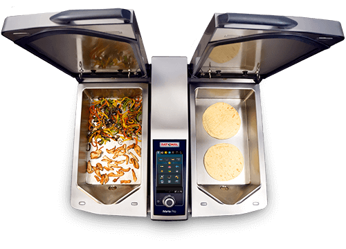 A dual compartment iVario 2-S with vegetables and tortillas, showcasing a control panel.