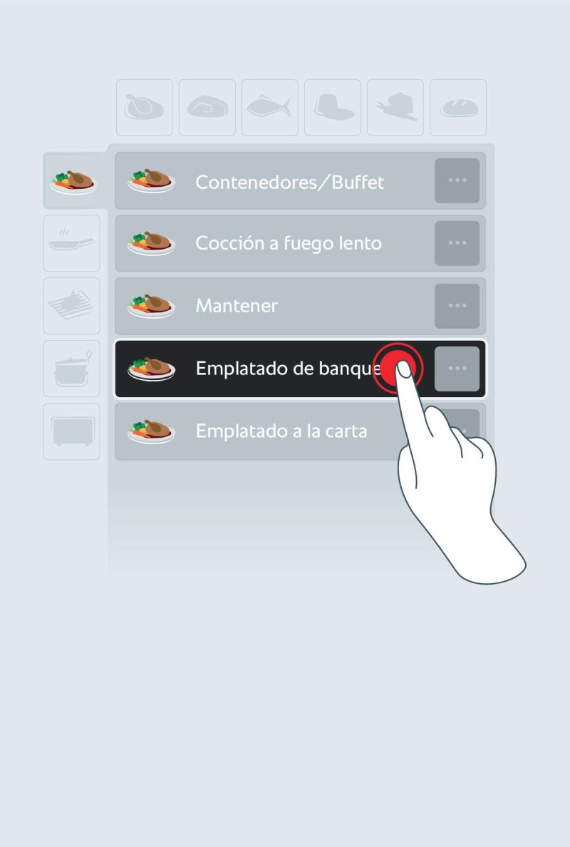 Una interfaz digital que muestra opciones para la preparación de alimentos en español, incluyendo 