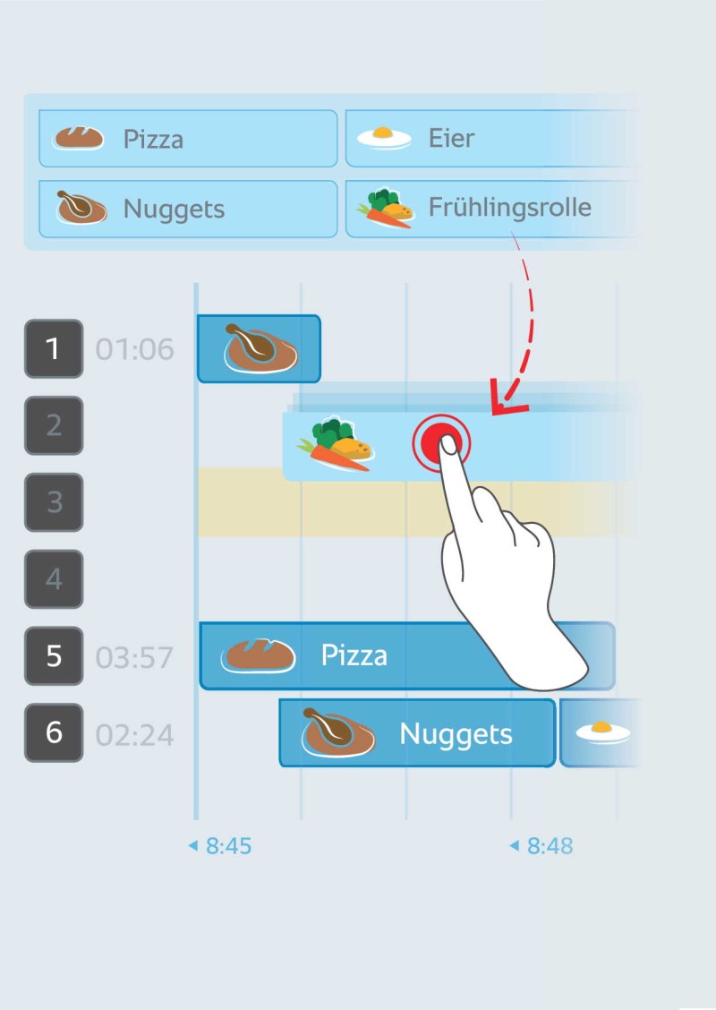 Eine digitale Benutzeroberfläche, die einen Kochzeitplan für verschiedene Lebensmittel anzeigt, darunter Pizza, Nuggets und Frühlingsrollen, mit einer Hand, die eine Aktion anzeigt.