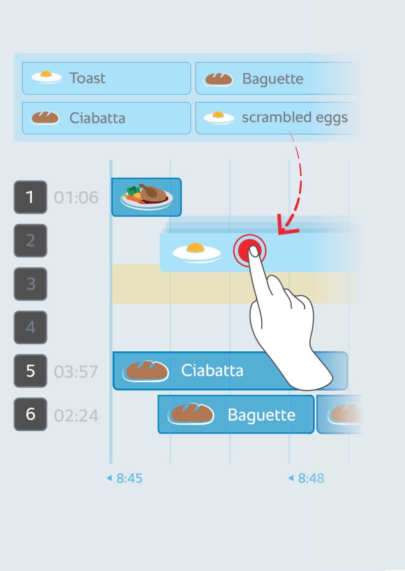 A digital display showing a cooking schedule for various foods, with a hand selecting a scrambled egg icon.