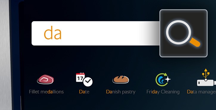 Search bar with icons for fillet, date, pastry, cleaning, and data management.