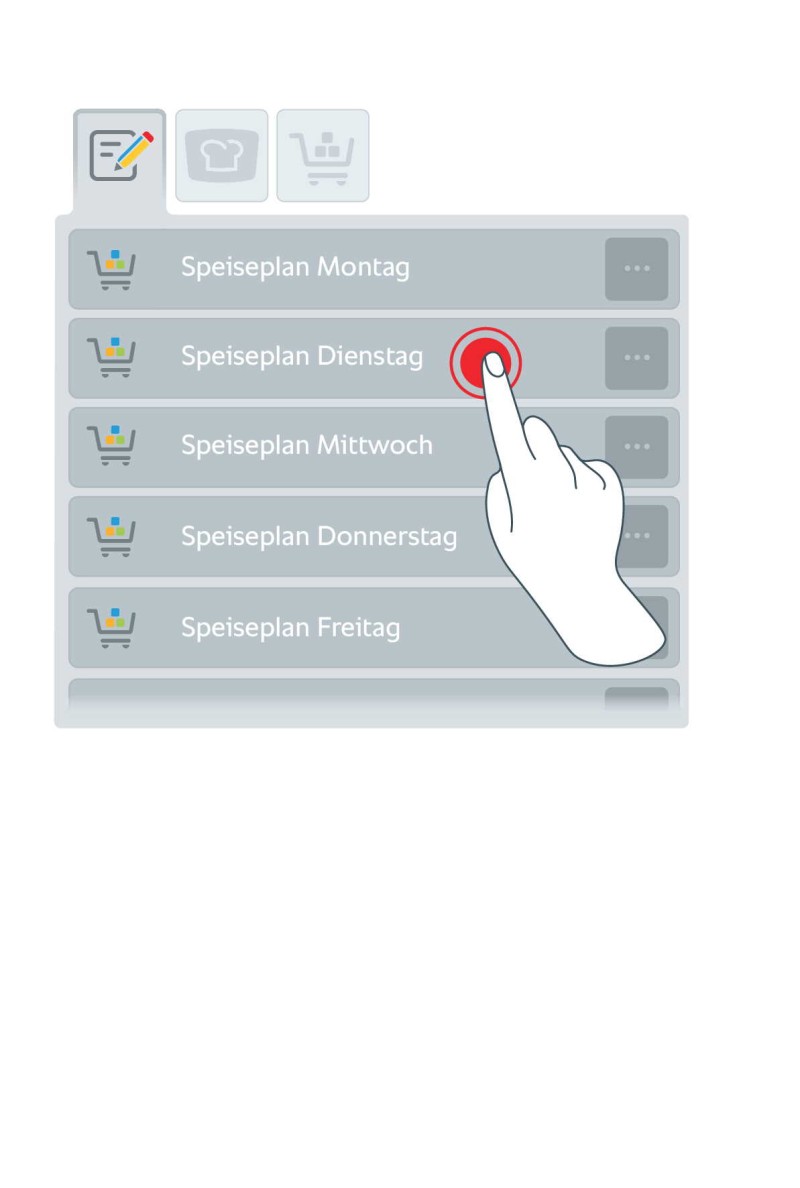Eine Hand wählt das Dienstagmenü aus einer digitalen Oberfläche mit verschiedenen wöchentlichen Essensoptionen in Deutsch.