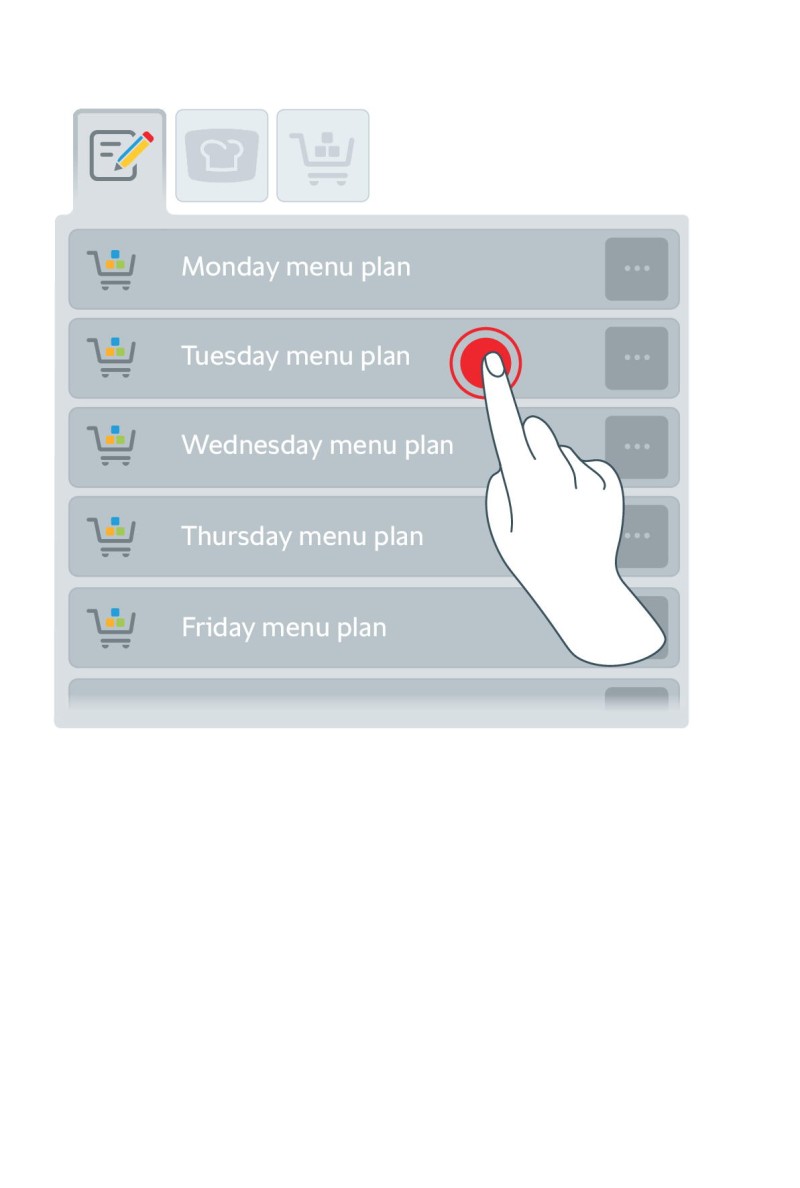 A hand selecting the Tuesday menu from a digital interface showing various weekly meal options.