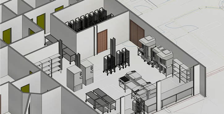 An architectural layout of a kitchen area featuring storage shelves, refrigerators, and workstations.