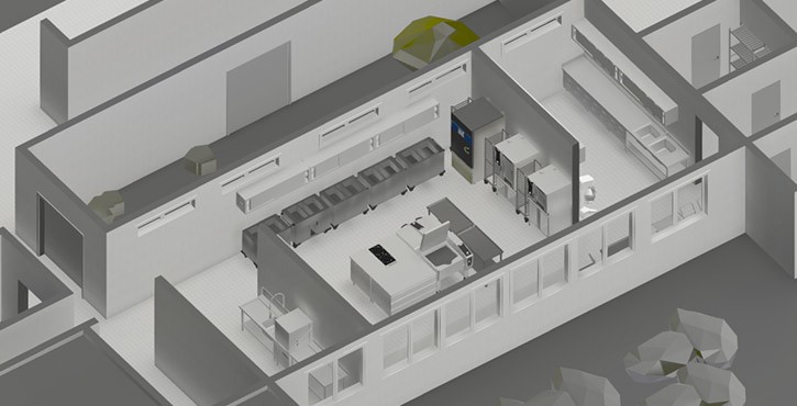 A top-down view of a commercial kitchen layout featuring workstations, cooking equipment, and storage areas.