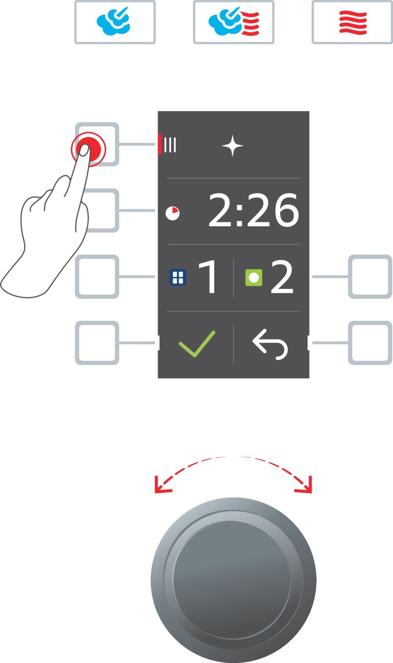 Graphical representation of the iCombi Classic control panel with symbols for steam, hot air, and combination, including adjustment options.