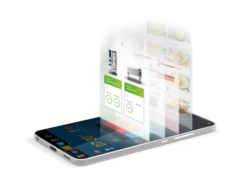 A smartphone displaying the RATIONAL ConnectedCooking app, showcasing iCombi Pro and Vario Pro XL with maintenance and cleanliness metrics.