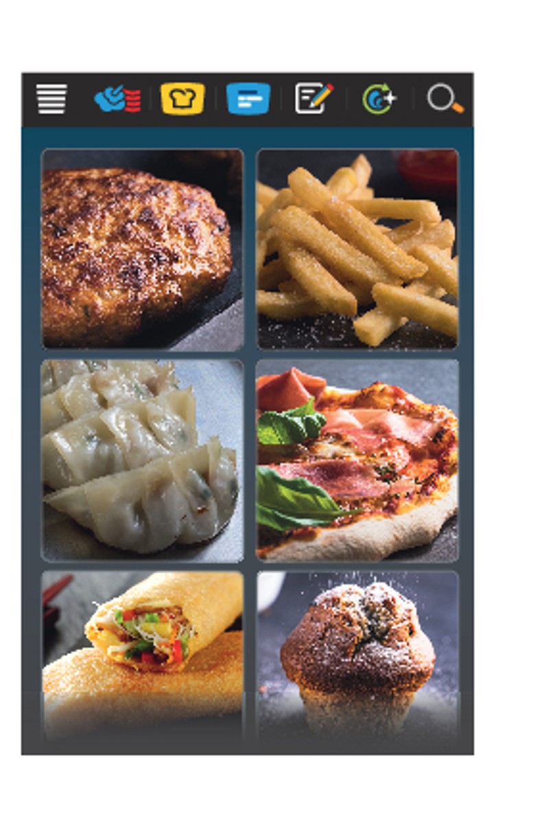 A display of diverse food items, including a hamburger, fries, dumplings, pizza, spring rolls, and a muffin, illustrating food variety.