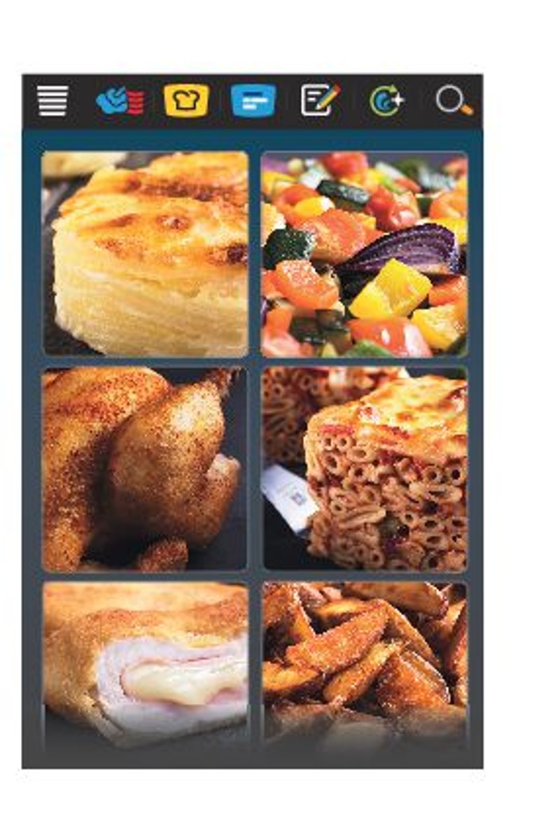 A digital display interface showing six food images, including a potato dish, salad, chicken, pasta, ham and cheese roll, and fried potatoes.