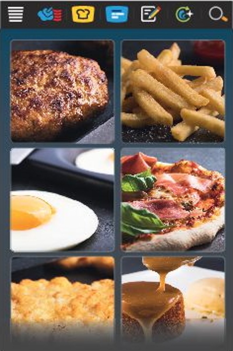 A grid display featuring six food items: a grilled hamburger, French fries, fried eggs, a pizza with toppings, a piece of baked dish, and a dessert with sauce.