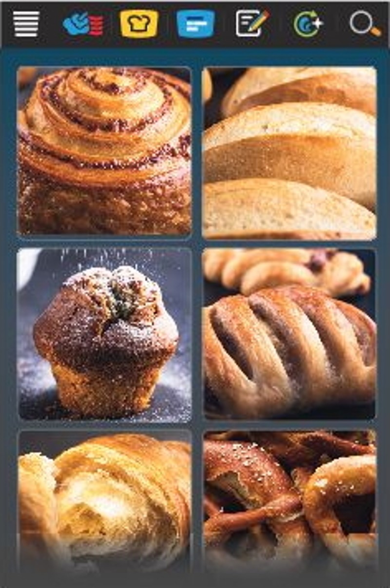 A digital display screen showing images of different baked goods including a cinnamon roll, muffins, and bread.