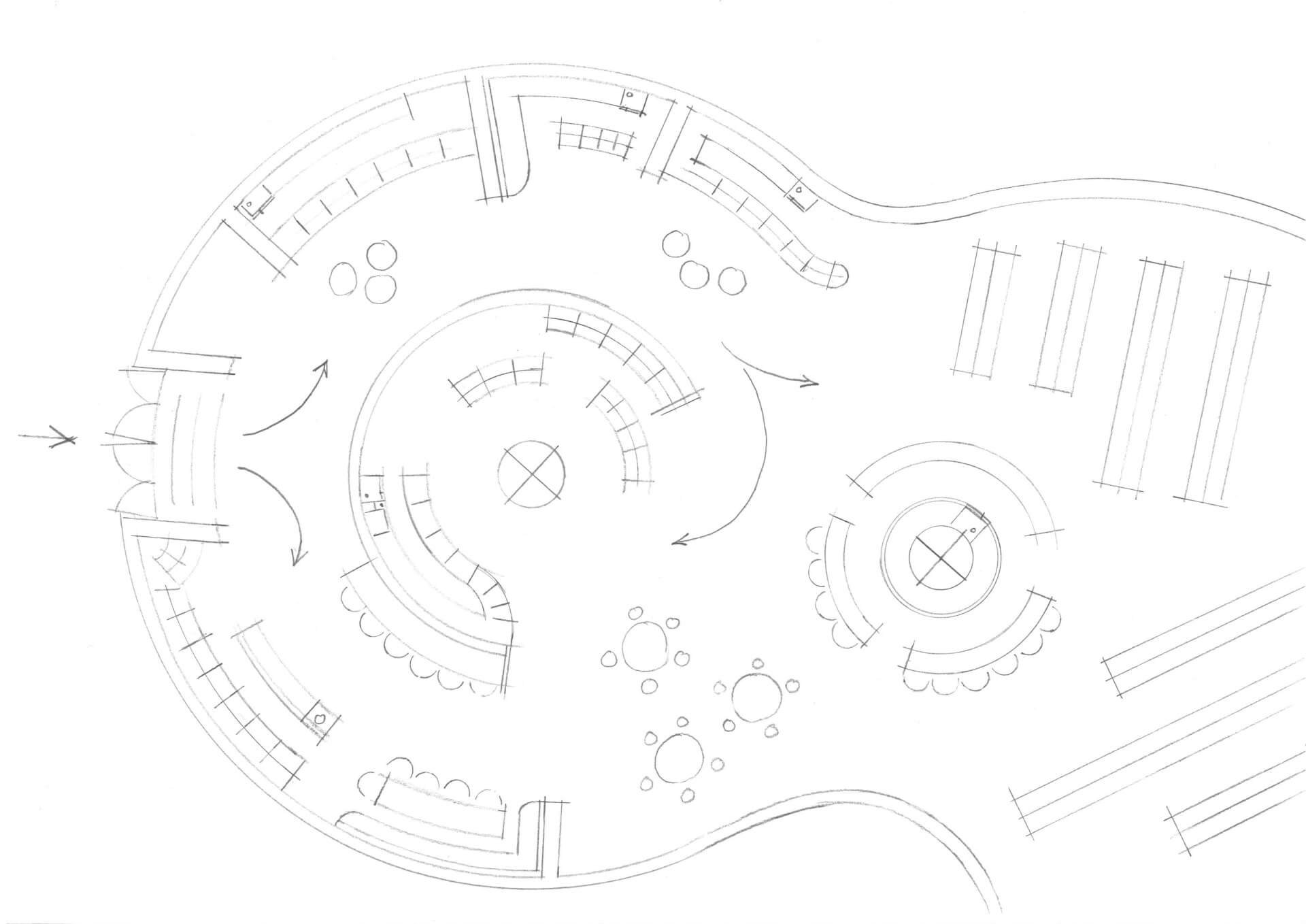 A hand-drawn layout of a supermarket, showing seating areas, food counters, and pathways for customer movement.