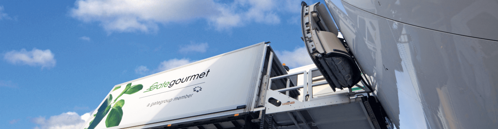 A container with the Gate Gourmet logo is being loaded onto an aircraft, set against a clear blue sky with fluffy clouds.