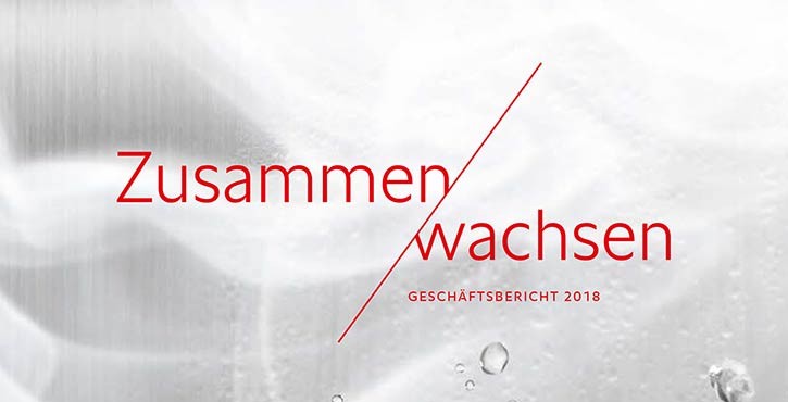 Ein grafisches Design mit dem Text: „Zusammen / wachsen“ und dem Untertitel „Geschäftsbericht 2018“ auf einem Hintergrund mit Wassertropfen.