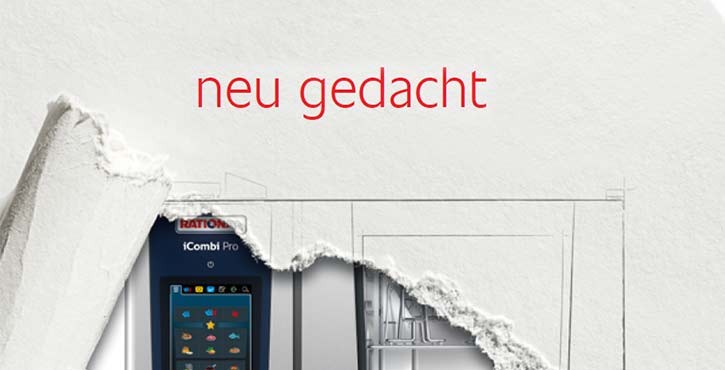 Ein grafisches Design mit dem Text: „neu gedacht“ und dem Bild eines Rational iCombi Pro Geräts.