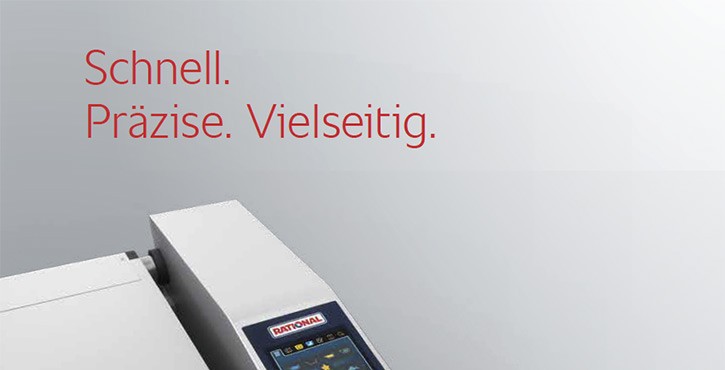 Ein grafisches Design mit den Worten: „Schnell. Präzise. Vielseitig.“ und dem Bild eines Rational Geräts.