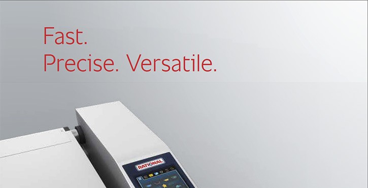 Text graphic stating: 'Fast. Precise. Versatile.' next to a corner of a Rational cooking unit on a light background.