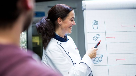 Chef explaining a cooking diagram on a flipchart.