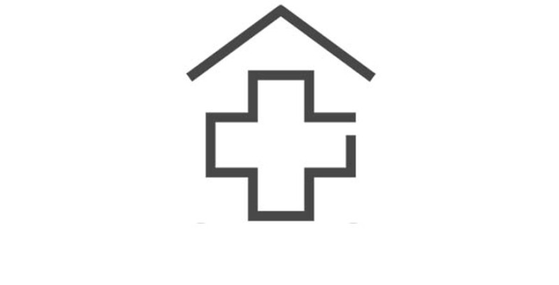 A minimalistic icon representing a nursing home with a house shape and a medical cross.