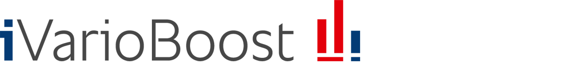 The iVario Boost logo featuring a modern design with a combination of red, dark gray, and blue colors.