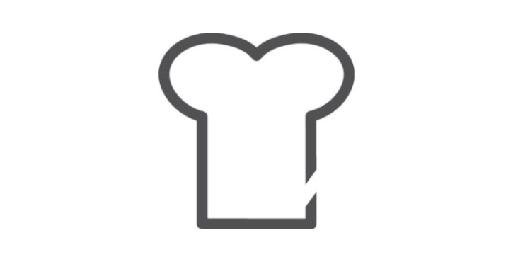 A simple graphic illustration of a chef's hat in gray outline style.