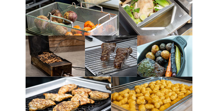 Collage of cooking accessories with fryer baskets, grilled meat, vegetables, smoker box and roasted potatoes.