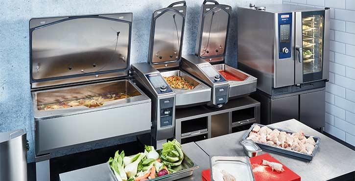 A modern kitchen setup featuring Rational cooking equipment.