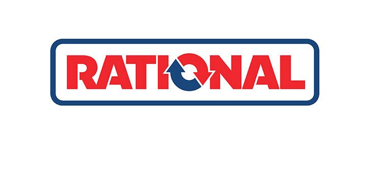 Rational logo with red text and blue border.